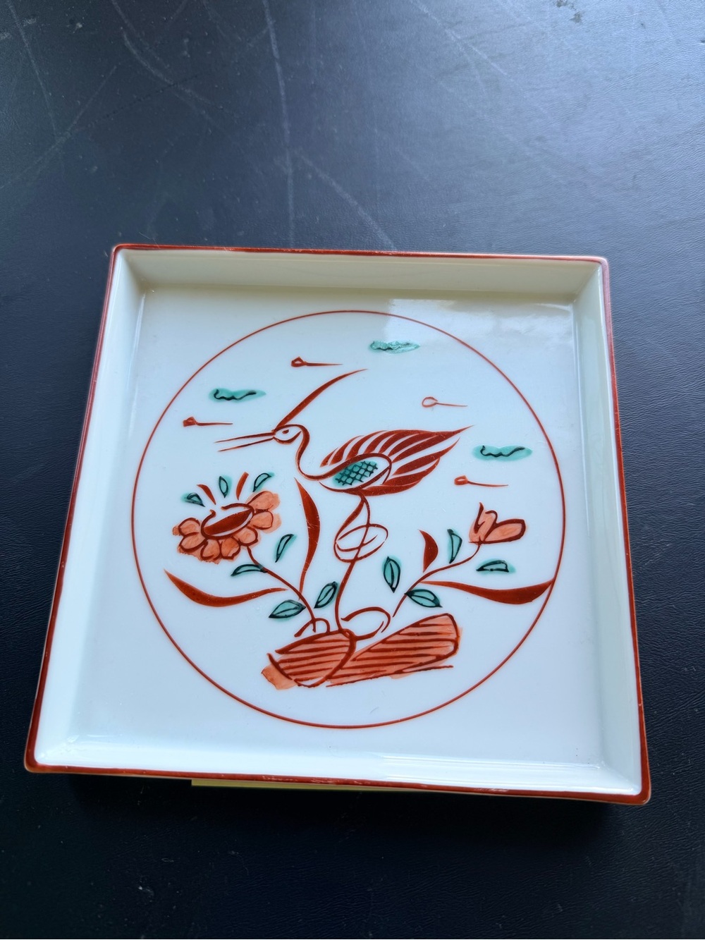Tiffany & Co. White Porcelain Dish with Red and Teal Floral Crane Motif
